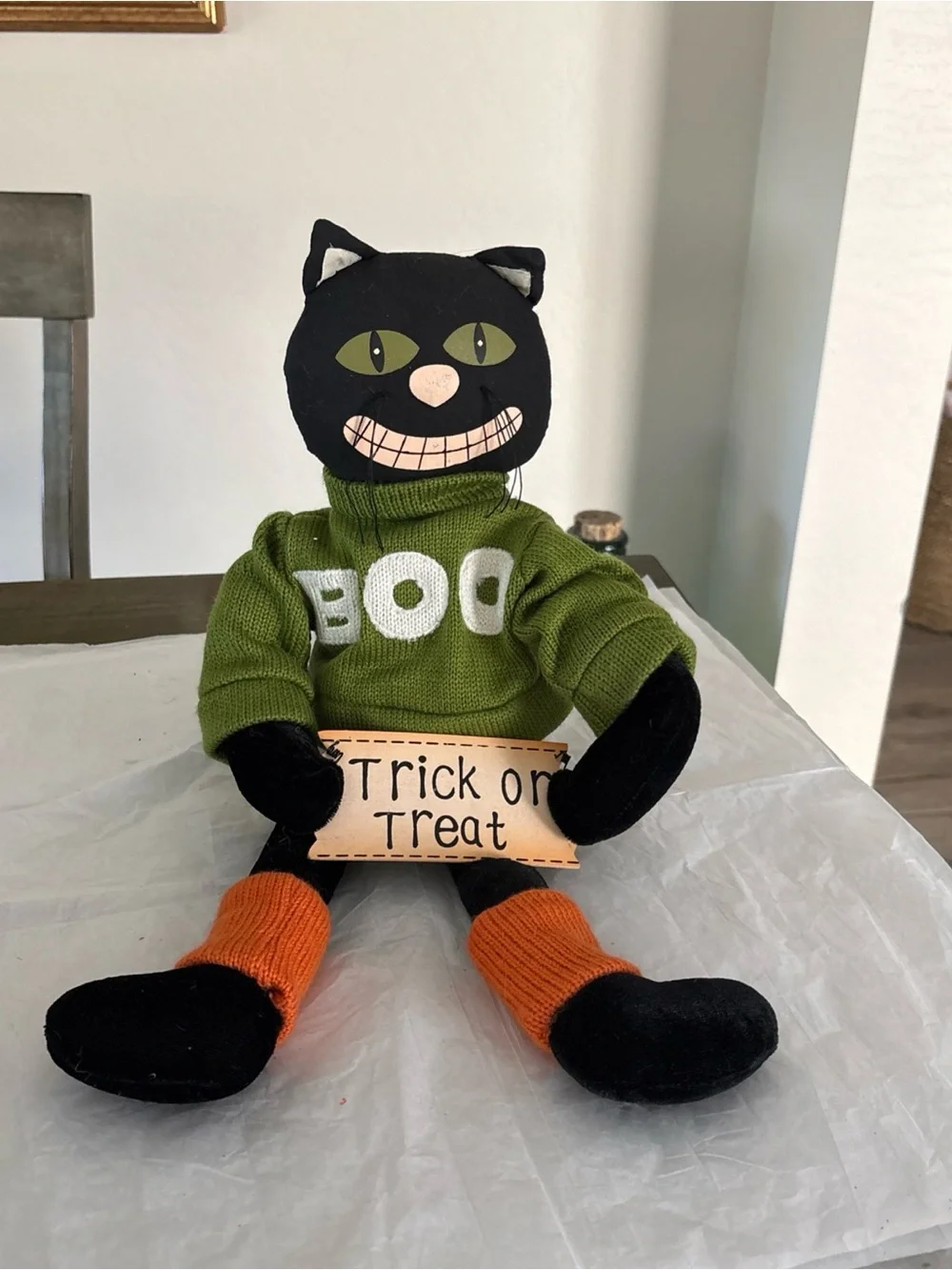 Black Cat Plush with Green 'BOO' Sweater and Orange Socks - Halloween Decor